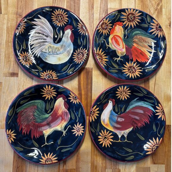 Susan Winget Set of 4 Sunrise Rooster with Sunflowers Salad Plates 8.5” - Picture 1 of 7